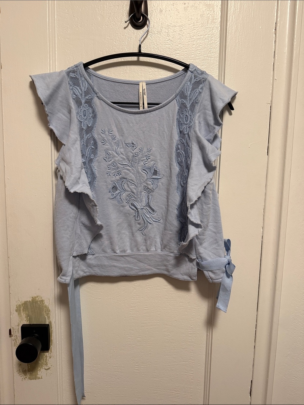 Anthropologie Light Blue Embroidered Ruffle Sleeve Top with Side Tie